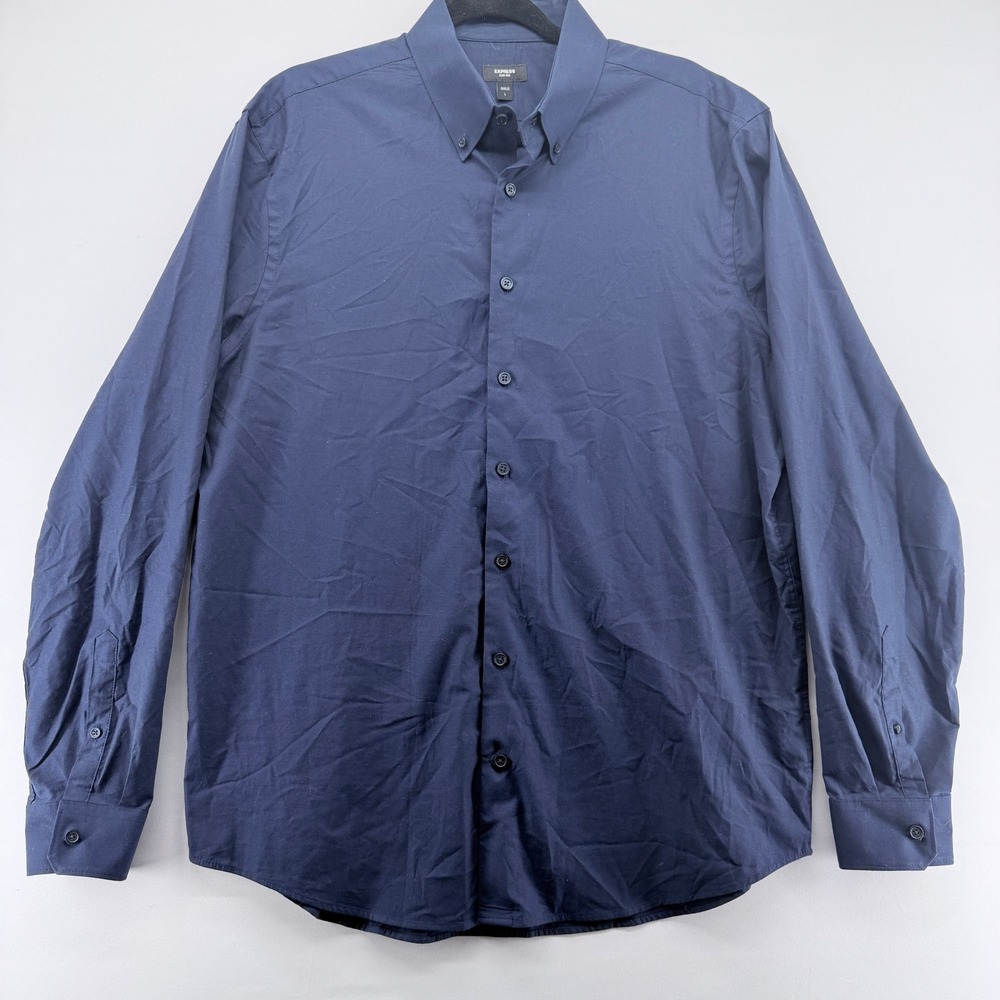 Express Slim 1MX Mens Navy Blue Long Sleeve‎ Button Down Dress Shirt Large
